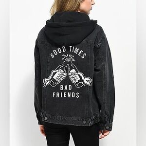 Good Times Bad Friends Black Graphic Denim Jacket with Hood